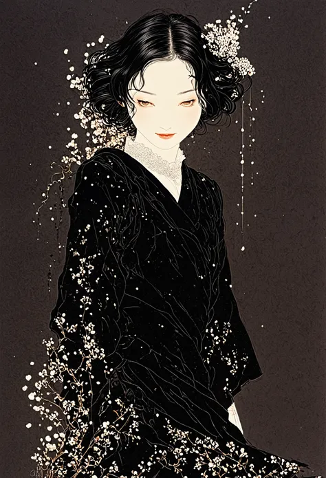 line art、virgin、splattered、crazy smile、falling flowers、takato yamamoto style、black dress