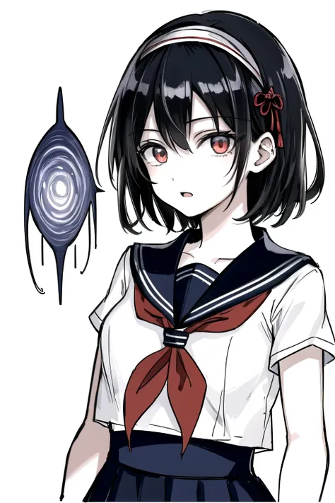 ((Masterpiece)),((High quality)),((High resolution)),((Extremely accurate and detailed representation of the human body)), An 18-year-old girl. Japanese. Wears a short-sleeved sailor uniform. Short hair. Hairband. Has a mysterious and enigmatic aura with e...