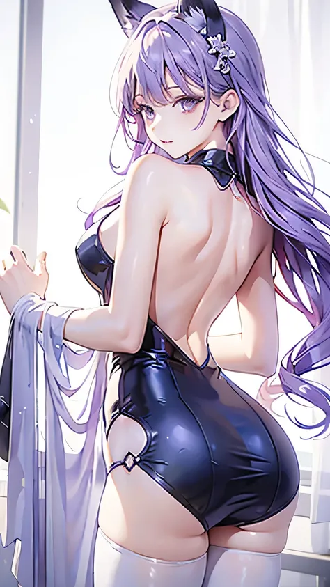 Hips，Beautiful back，Fox Teacher，Semi-transparent and translucent purple cheongsam，Long hair，Added a little flexibility，Rich in layers，Soaked，White pantyhose，Sleeveless shoulderless，Big ，Lift your hair