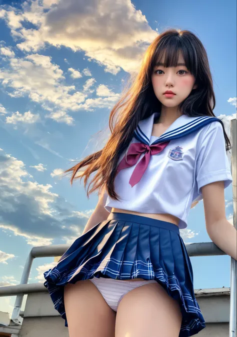 (8K, RAW Photos, Highest quality, masterpiece:1.2)、(Genuine、Realistic:1.37)、1 Girl、Japanese、Black Hair、Long Hair、(From below:1.4), (a 18years old pretty Japanese girl standing on rooftop of the building、school uniform)、((View your audience))、(White Sailor ...