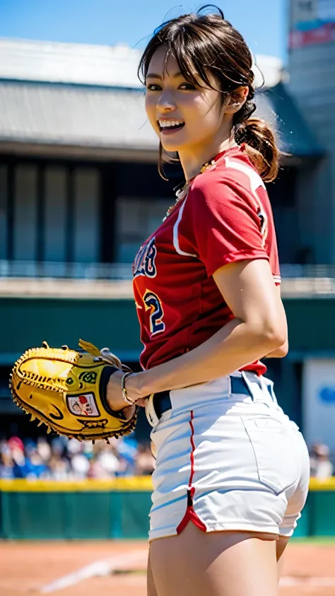 (((First Person))),(((Perfect anatomy, carefully drawn limbs with perfect joints and no excess or deformities))),(((The grandstands are filled with spectators))),The enthusiastic crowd roars,(((On the field of a softball stadium filled with enthusiastic sp...