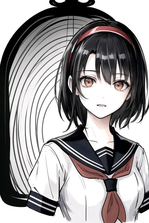 ((Masterpiece)),((High quality)),((High resolution)),((Extremely accurate and detailed representation of the human body)), An 18-year-old girl. Japanese. Wears a short-sleeved sailor uniform. Short hair. Hairband. Has a mysterious and enigmatic aura with e...