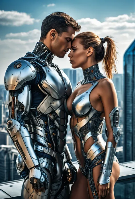 Sexual relationship between a male cyborg and a female cyborg on the roof of a skyscraper, high quality, best quality, absurdres, masterpiece, beautiful, intricate details, 1/2 body crop, slim body, beautiful figure, magnificent anatomy, (intricate details...