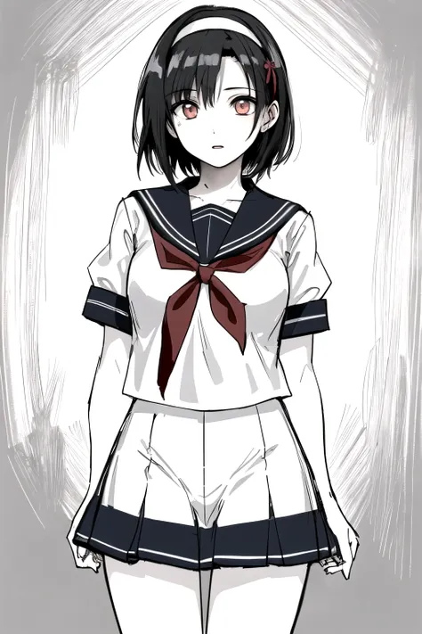 ((Masterpiece)),((High quality)),((High resolution)),((Extremely accurate and detailed representation of the human body)), An 18-year-old girl. Japanese. Wears a short-sleeved sailor uniform. Short hair. Hairband. Has a mysterious and enigmatic aura with e...