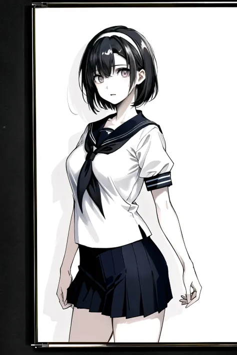 ((Masterpiece)),((High quality)),((High resolution)),((Extremely accurate and detailed representation of the human body)), An 18-year-old girl. Japanese. Wears a short-sleeved sailor uniform. Short hair. Hairband. Has a mysterious and enigmatic aura with e...