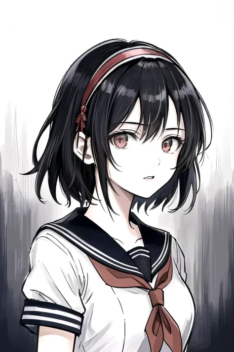 ((Masterpiece)),((High quality)),((High resolution)),((Extremely accurate and detailed representation of the human body)), An 18-year-old girl. Japanese. Wears a short-sleeved sailor uniform. Short hair. Hairband. Has a mysterious and enigmatic aura with e...