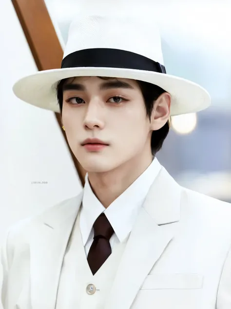 there is a man wearing a white suit and a hat, taehyung kim, kim taehyung, hyung tae, he looks very sophisticated, beautiful androgynous prince, white suit and hat, very handsome, extremely handsome, handsome, handsome man, sfw, official photos, handsome p...