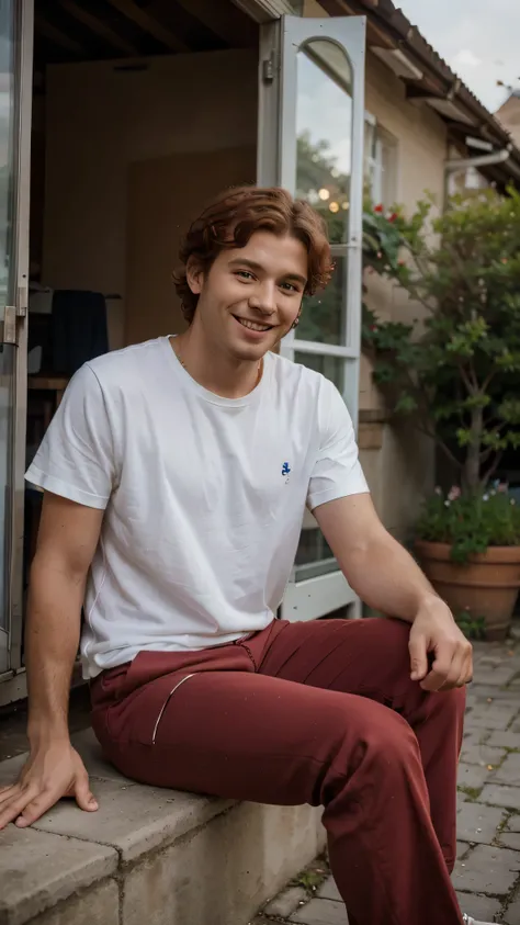 france man, red curly hair, sitting with dogs, wearing t-shirt and trousers, smile, view in the dogs