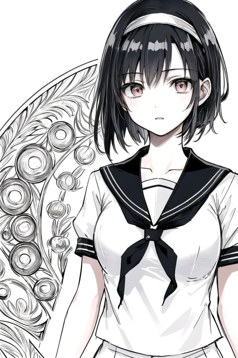 ((Masterpiece)),((High quality)),((High resolution)),((Extremely accurate and detailed representation of the human body)), An 18-year-old girl. Japanese. Wears a short-sleeved sailor uniform. Short hair. Hairband. Has a mysterious and enigmatic aura with e...