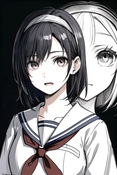 ((Masterpiece)),((High quality)),((High resolution)),((Extremely accurate and detailed representation of the human body)), An 18-year-old girl. Japanese. Wears a short-sleeved sailor uniform. Short hair. Hairband. Has a mysterious and enigmatic aura with e...