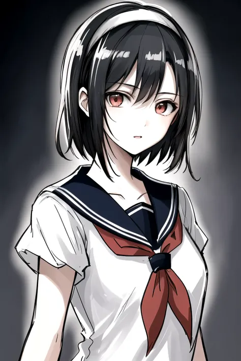 ((Masterpiece)),((High quality)),((High resolution)),((Extremely accurate and detailed representation of the human body)), An 18-year-old girl. Japanese. Wears a short-sleeved sailor uniform. Short hair. Hairband. Has a mysterious and enigmatic aura with e...