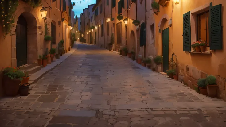 there is a narrow street with potted plants and lights on it, street of teal stone, city street at dusk, street at night, ancient city streets behind her, italian mediterranean city, running through italian town, by John La Gatta, narrow and winding cozy s...