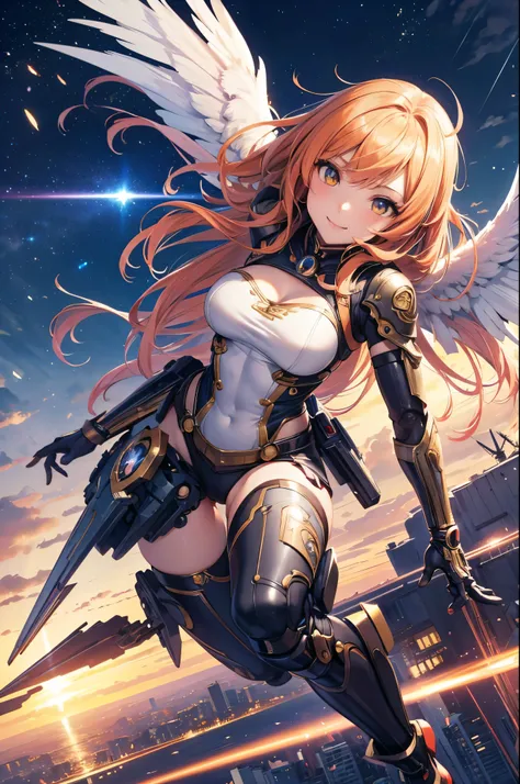 an anime girl, masterpiece, 4K,detailed, best quality, no bad anatomy and fingers, dynamic pose, Action Painting, a beautiful young cyborg girl, smile, taking off into the sky,  super detailed skin, FINAL FANTASY 12, Brave Command Dagwon, make-up, mechanic...