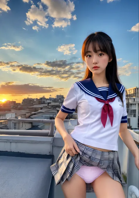 (8K, RAW Photos, Highest quality, masterpiece:1.2)、(Genuine、Realistic:1.37)、1 Girl、Japanese、Black Hair、Long Hair、(From below:1.4), (a 18years old pretty Japanese girl standing on rooftop of the building、school uniform)、((View your audience))、(White Sailor ...