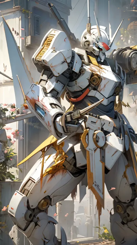 最high quality、Best image quality、masterpiece、Giant Mecha((humanoid、Railgun、Bulletproof vest、Jetpack、Red visor、Run、Chainsaw,Full of wounds,gas mask、Gold Color、Fighting Pose、Muscular,destruction)）high quality、Beautiful art、background((underground,Fighting th...