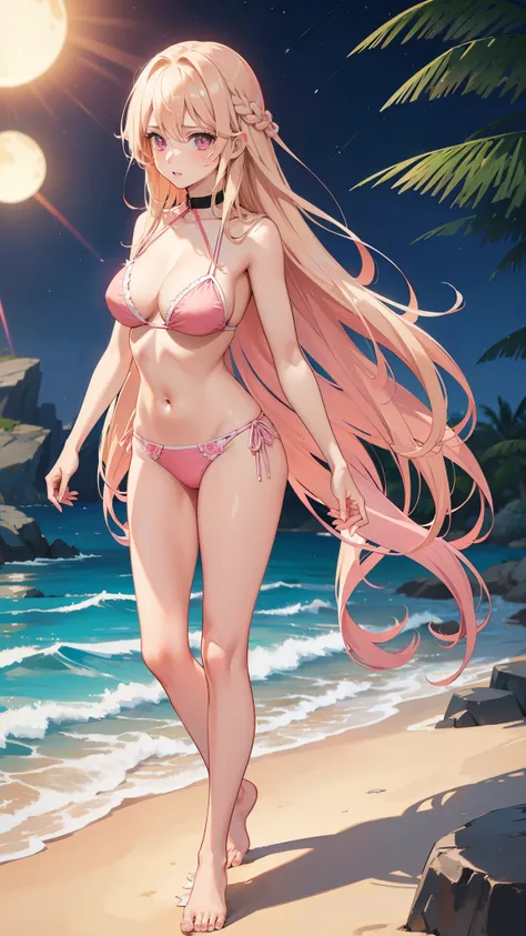 (((Adult woman))), pink eyes, (long blonde hair), pink bikini, beach, night