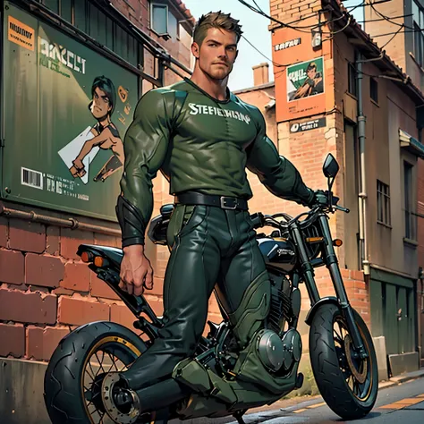 32k, high quality , detailed face , detailed hands , detailed muscles detailed motorcycle , (((stephen amell))) standing near hi...