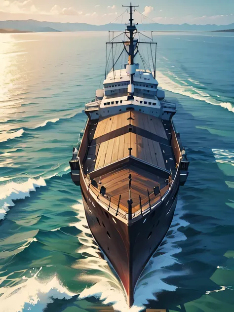 a ship 
which faces forward, so like this only the curve of the front of the ship is visible or what is called the front hull of the ship where the picture is taken from above, the color of the ships body is brown, textured wood and the top board is wooden