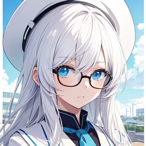 College girl wearing glasses, white dyed hair,White Hat, blue border bikini、White hot pants, Sad face, tired, Station scenery, Portrait of Roffey, Digital anime illustration, Detailed digital anime art, Anime Portrait, Anime Moe Art Style, Realistic anime ...