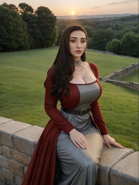 Gorgeous and sultry busty athletic (thin) brunette queen with sharp facial features wearing a modest updo, dark red medieval dress, long sleeves, intricate patterns, scrollwork, wide neck, crown, veil, long dress, modest dress, tight bodice, silver belt, (...