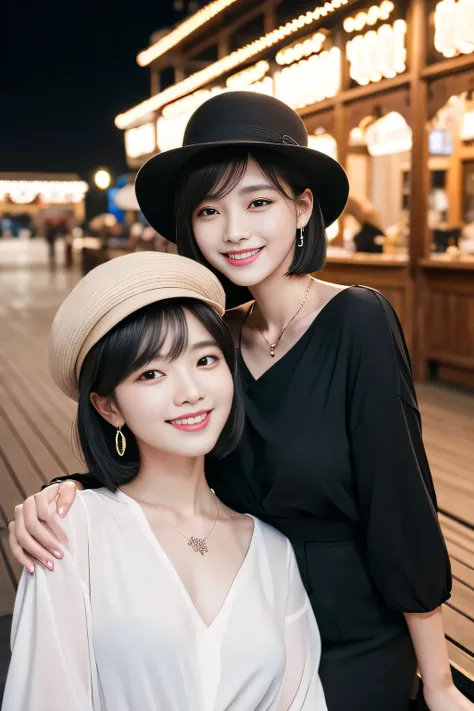 (detailed skin:1.2),(shiny skin:1.1),8k,best quality, masterpiece, ultra high res,(fair skin:1.2), Two women standing side by side、Long sleeve blouse、Black Hair、Short Haircut、One wears a hat、Ear piercing、Necklace around the neck、smile、Beautiful teeth align...