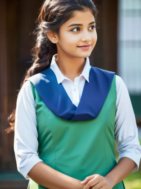 a beautiful young school girl wearing a salwar kameez uniform, highly detailed, photorealistic, 8k, (best quality,4k,8k,highres,...