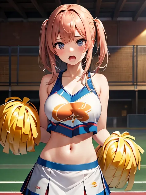 1girl, highly detailed, game cg, illustration, absurdres, snake, snake vore, girl in snake mouth, upset, cheerleader