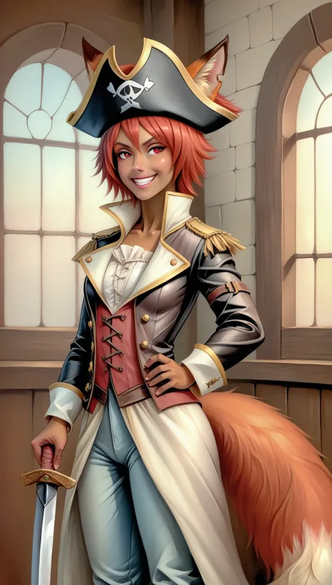 (zPDXL2), score_9_up, painterly, faux traditional media, realistic, BREAK
1girl, solo, fullbody, (fox:1.2), (short hair), red eyes, grin, (fox ears, fox tail), tanned skin, medieval, fantasy, pirate jacket, pirate pants, pirate hat, holding sword, sea bac...