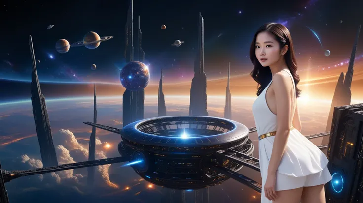 dark space of the universe, large artificial high-tech ring gate flies through space and time, flying sci-fi vehicle, cosmic light and the ancient energy of the Universe burst out from the depths of these gates and transport the viewer to other worlds, whe...
