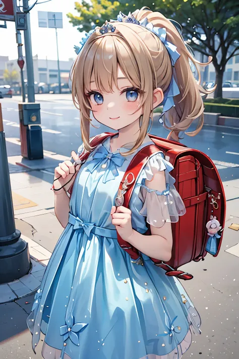 Masterpiece, hd, realistic, 1girl, 16 y.o, high school girl, brown hair, ponytail, hair ribbon, beautiful girl, smiling, regal, (fairy dress),Lolita dress, vibrant, vivid, (bows), brown hair, ponytail, wearing Tiara, party dress, wearing school backpack, (...