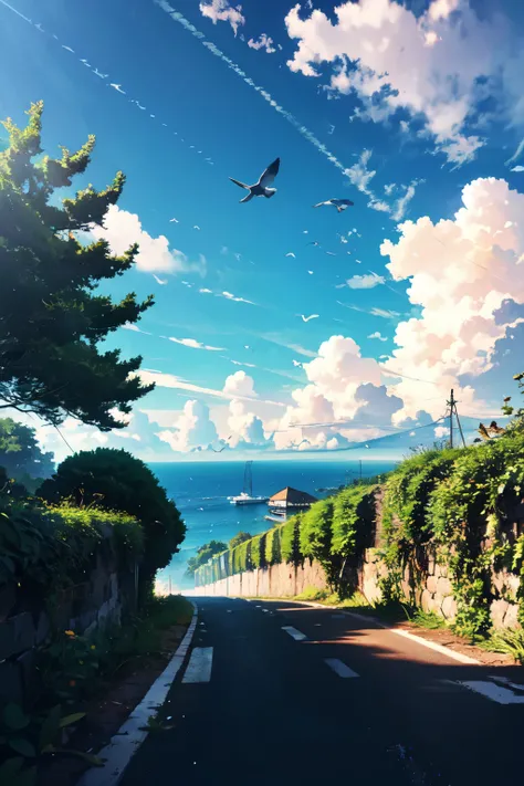 Blue sky，White Cloud，birds in the distance，Sea，Great prospects，Vision，A woman walks along the path towards the Sea，A bird flies overhead，The road is lined with green plants