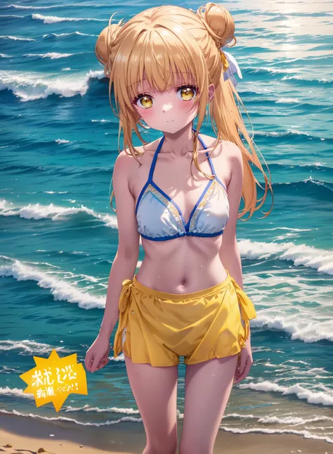 mahirushiina, Mahiru Shiina, Long Hair, bangs, Blonde, Brown Hair, (Yellow Eyes:1.3), smile,blush,Hair Bun, double  Hair Bun,Yellow bikini swimsuit,barefoot,Water Play,Ocean,Sandy Beach,whole bodyがイラストに入るように,Wet Hair,Wet Skin,Wet swimsuit,
break outdoors, ...