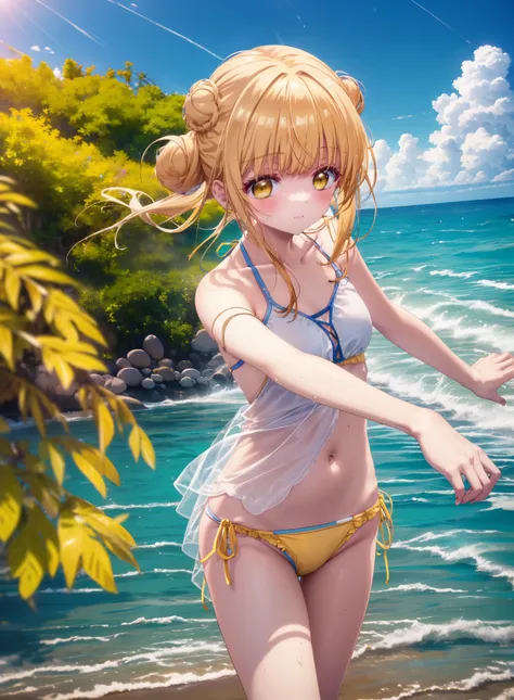 mahirushiina, Mahiru Shiina, Long Hair, bangs, Blonde, Brown Hair, (Yellow Eyes:1.3), smile,blush,Hair Bun, double  Hair Bun,Yellow bikini swimsuit,barefoot,Water Play,Ocean,Sandy Beach,whole bodyがイラストに入るように,Wet Hair,Wet Skin,Wet swimsuit,
break outdoors, ...