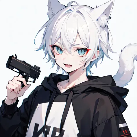 1Boy, Boyish, Catboy, Fangs Showing, Ultra-detailed Ice-colored Dragon Eyes, Eye-focus, Snow-White Hair, Head Shot, Cute Expression, Tight Hoodie, 2 gun, Plain Background