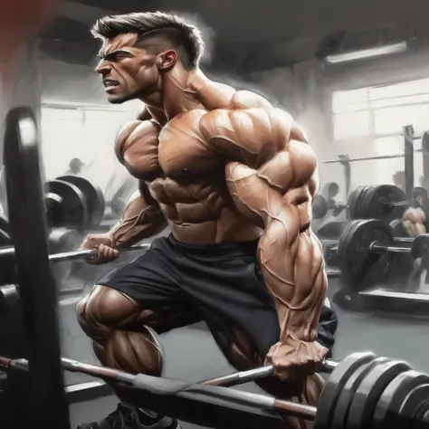 arafed man with a barbell in a gym, big muscles, bodybuilder, large muscles, exaggerated muscle physique, muscular character, bulging muscles, ripped, big muscle, massive muscles, exaggerated muscles, extreme muscles, musculine, epic digital painting, musc...