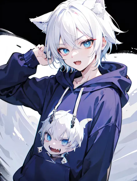 1Boy, Boyish, Catboy, Fangs Showing, Ultra-detailed Ice-colored Dragon Eyes, Eye-focus, Snow-White Hair, Head Shot, Cute Expression, Tight Hoodie, 2 gun, Plain Background