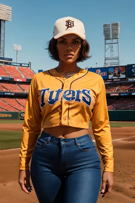 Photorealistic, Hyperrealistic, Stunning Dusty Baseball Player Milf, Full Body Portrait, Solo, Staring Straight at the Camera, Baseball Diamond Backdrop, Bright Scene, Early Afternoon, Dusty Environment, Worn-out Uniform, Tight-Fitted Long-Sleeve Blouse wi...