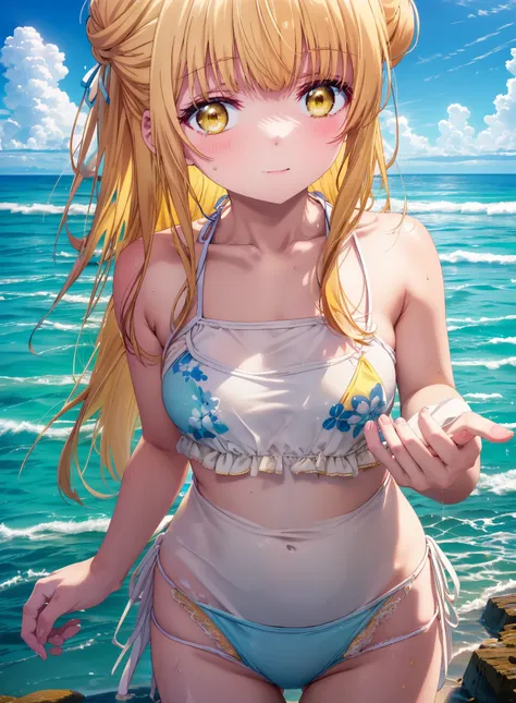 mahirushiina, Mahiru Shiina, Long Hair, bangs, Blonde, Brown Hair, (Yellow Eyes:1.3), smile,blush,Hair Bun, double  Hair Bun,Yellow bikini swimsuit,barefoot,Water Play,Ocean,Sandy Beach,whole bodyがイラストに入るように,Wet Hair,Wet Skin,Wet swimsuit,
break outdoors, ...