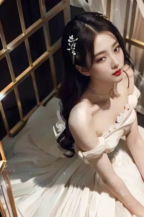 There is a woman sitting on a bed in a white dress, hanfu blanco, pale, snow-white skin, pale milky white porcelain skin, milky white skin, beautiful elegant pose, dilraba dilmurat, lovely languid princess, beautiful chinese model, a beautiful fantasy empr...