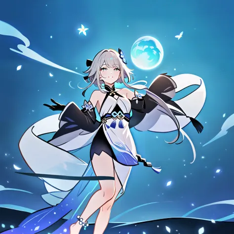 1girl, guizhong_(genshin_impact),light grey hair,short_hair_with_long_locks,starry_sky_print,detached_sleeves, long sleeves that drape over hands past fingers,dancing,hanfu,illustrated by matsuryuu and agahari and dsmile,pale green-grey eyes,stunning field...
