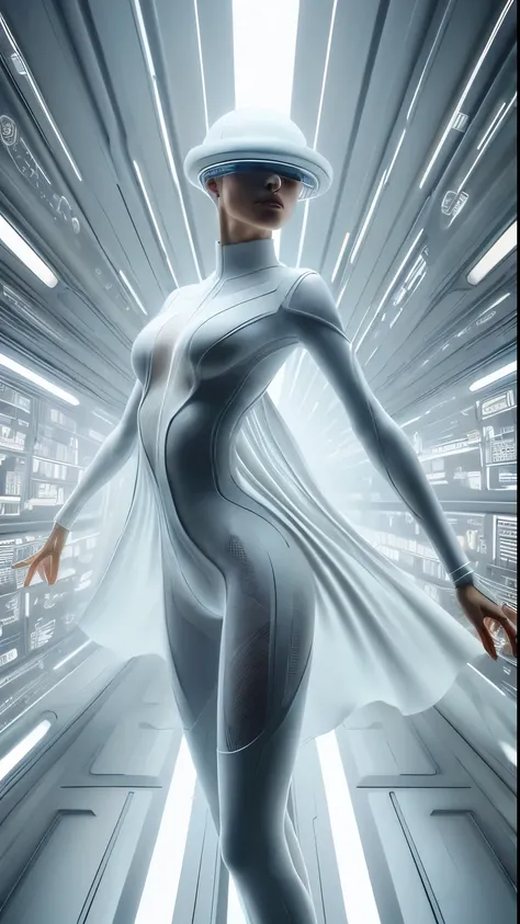 Ultra tall ultra beautiful tech fashion woman, high cheekbones, white fabric, white plastic suit cover, futuristic tech design skin, tech imbedded in suit fabric, standing in transporter holodeck, full body shot, closeup, model dance, dynamic pose, sci fi,...