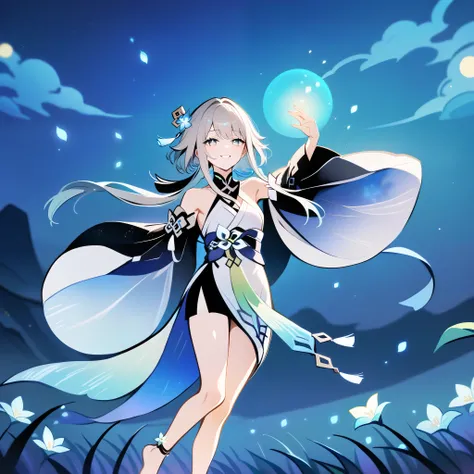 1girl, guizhong_(genshin_impact),light grey hair,short_hair_with_long_locks,starry_sky_print,detached_sleeves, long sleeves that drape over hands past fingers,dancing,hanfu,illustrated by matsuryuu and agahari and dsmile,pale green-grey eyes,stunning field...