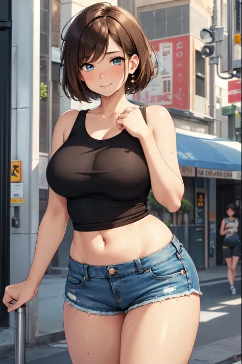 (High quality, High resolution, Fine details), street corner, short denim shorts, Tank Top Black Shirt, Standing, solo, curvy adult women, Short cut light brown hair, sparkling eyes, (Detailed eyes:1.2), Natural Makeup, smile, blush, Sweat, Oily skin, knee...