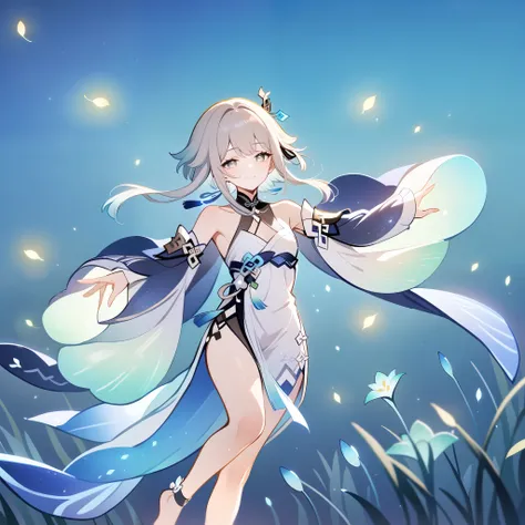 1girl, guizhong_(genshin_impact),light grey hair,short_hair_with_long_locks,starry_sky_print,detached_sleeves, long sleeves that drape over hands past fingers,dancing,hanfu,illustrated by matsuryuu and agahari and dsmile,pale green-grey eyes,stunning field...