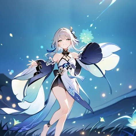 1girl, guizhong_(genshin_impact),light grey hair,short_hair_with_long_locks,starry_sky_print,detached_sleeves, long sleeves that drape over hands past fingers,dancing,hanfu,illustrated by matsuryuu and agahari and dsmile,pale green-grey eyes,stunning field...