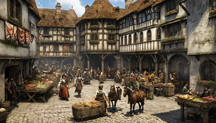 A bustling medieval market square scene with various stalls and traders selling goods, inspired by the art of Pieter Bruegel the Elder and fantasy medieval RPG games like Skyrim, featuring intricate architectural details, colorful banners, lively character...