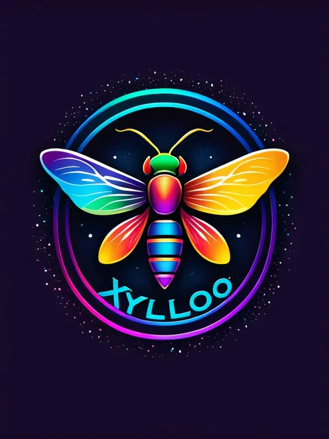 Design a logo titled "XYLO BAND" with vibrant colors resembling a music band logo. Incorporate HDR 4K effects to enhance the brightness and contrast. Include a simple vector of a firefly insect, ensuring it is sleek and modern in design. Surround the firef...