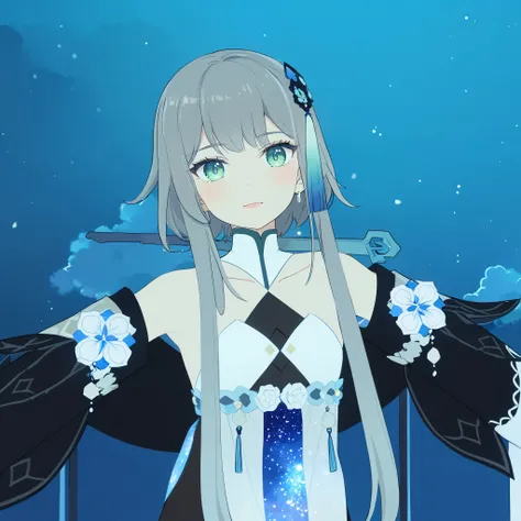 1girl, guizhong_(genshin_impact),light grey hair,short_hair_with_long_locks,starry_sky_print,detached_sleeves, long sleeves that drape over hands past fingers,dancing,hanfu,pale green-grey eyes,stunning field of softly glowing blue and white glaze lilies,n...