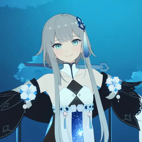 1girl, guizhong_(genshin_impact),light grey hair,short_hair_with_long_locks,starry_sky_print,detached_sleeves, long sleeves that drape over hands past fingers,dancing,hanfu,pale green-grey eyes,stunning field of softly glowing blue and white glaze lilies,n...