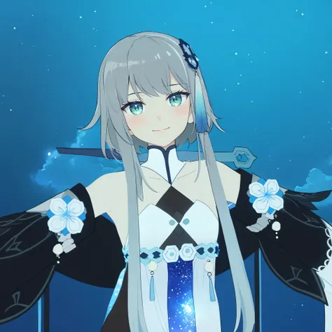 1girl, guizhong_(genshin_impact),light grey hair,short_hair_with_long_locks,starry_sky_print,detached_sleeves, long sleeves that drape over hands past fingers,dancing,hanfu,pale green-grey eyes,stunning field of softly glowing blue and white glaze lilies,n...